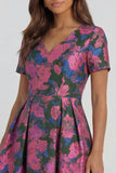 Blue and White Floral V-Neck A Line Long Prom Dress with Sleeves