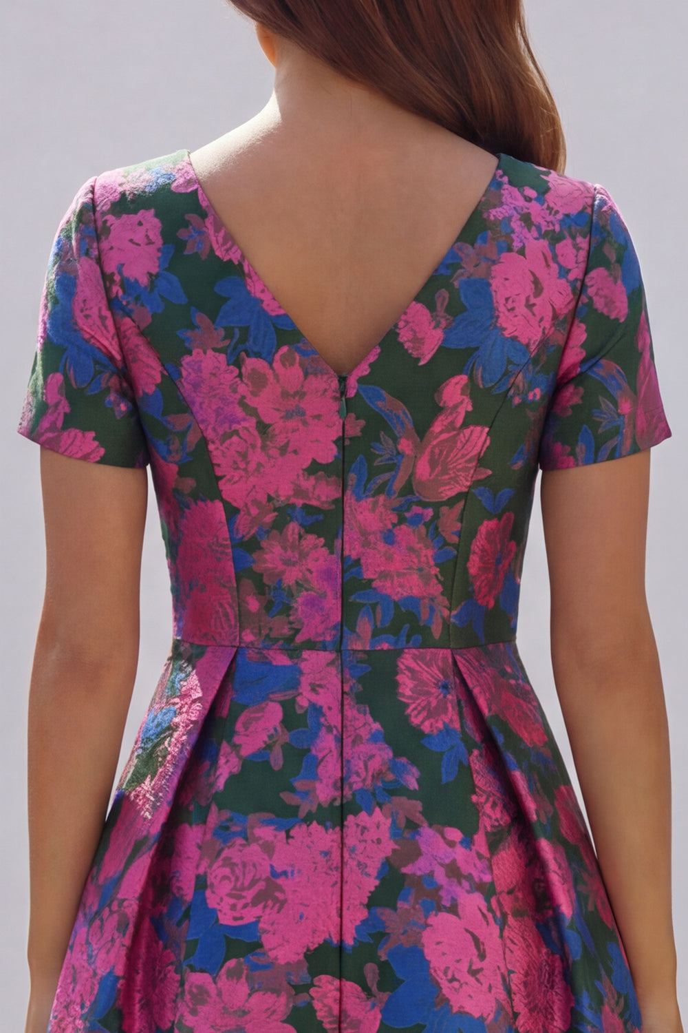Blue and White Floral V-Neck A Line Long Prom Dress with Sleeves