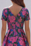 Blue and White Floral V-Neck A Line Long Prom Dress with Sleeves