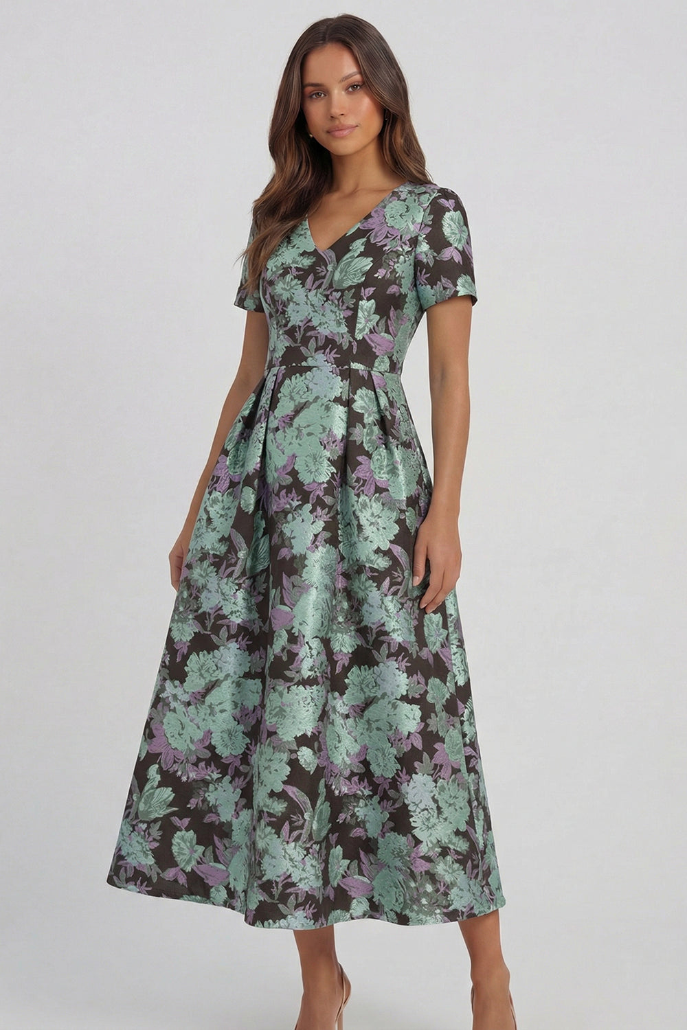 Blue and White Floral V-Neck A Line Long Prom Dress with Sleeves