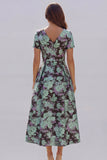 Blue and White Floral V-Neck A Line Long Prom Dress with Sleeves