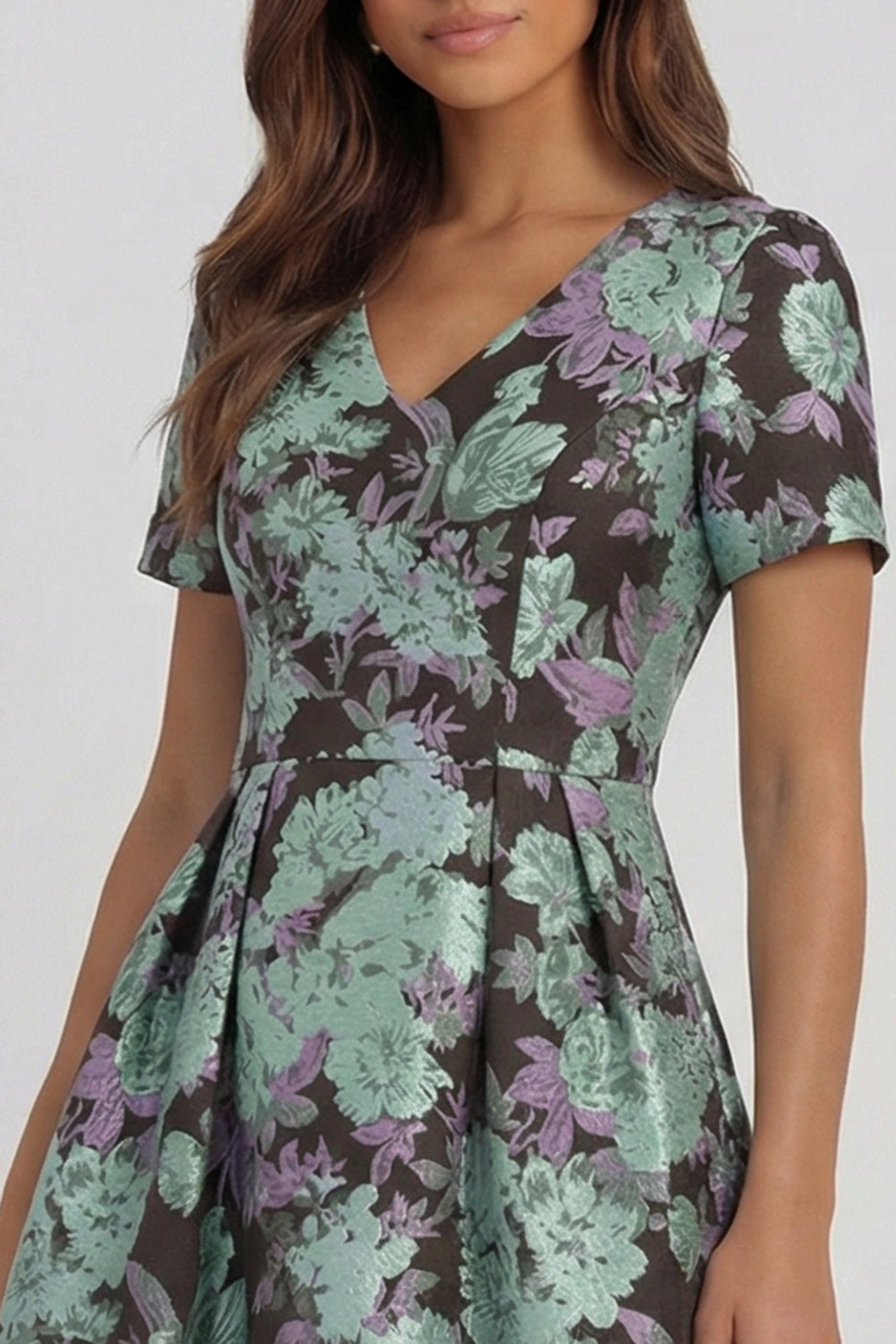 Blue and White Floral V-Neck A Line Long Prom Dress with Sleeves