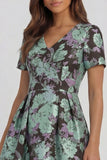 Blue and White Floral V-Neck A Line Long Prom Dress with Sleeves