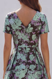 Blue and White Floral V-Neck A Line Long Prom Dress with Sleeves