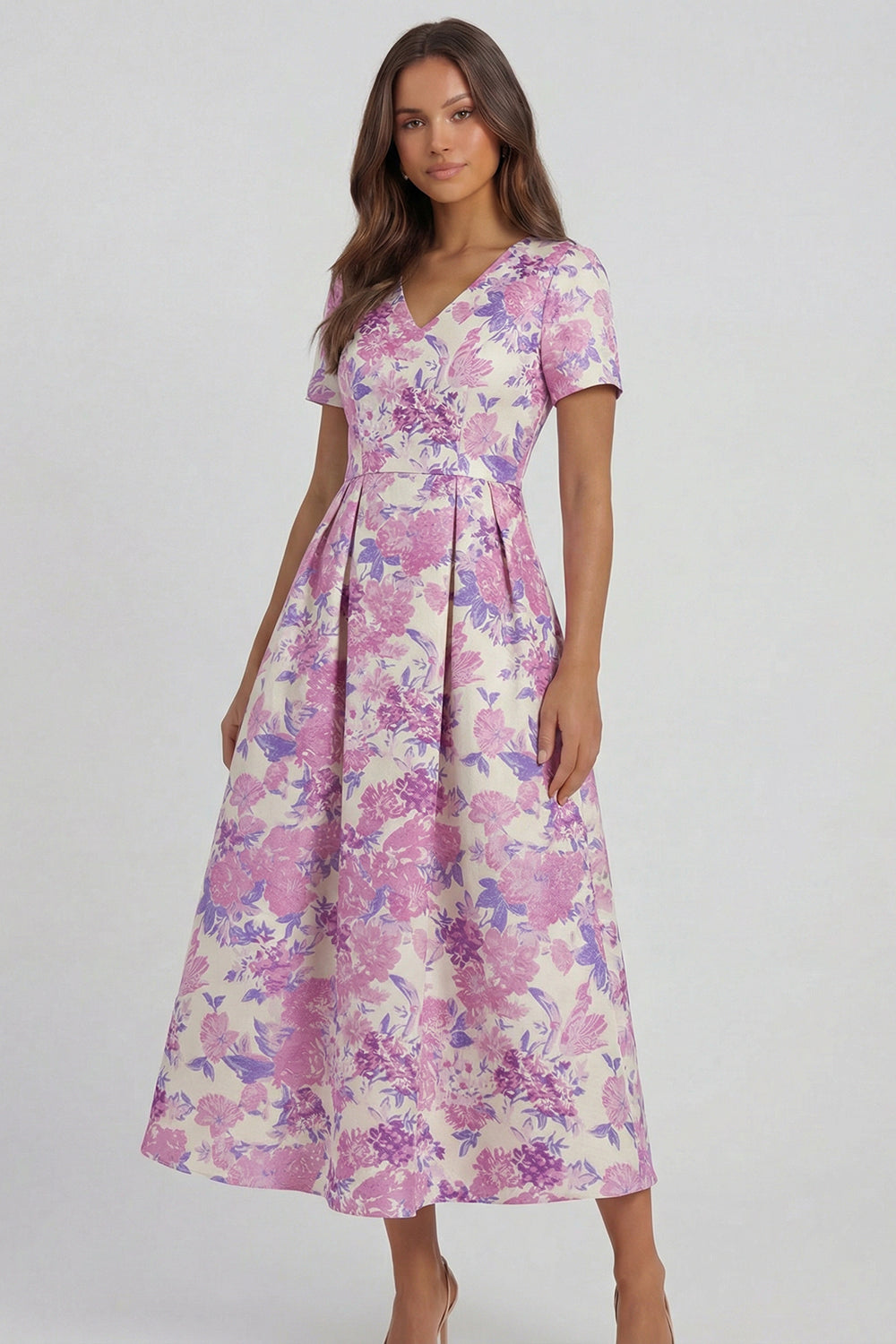 Blue and White Floral V-Neck A Line Long Prom Dress with Sleeves