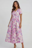Blue and White Floral V-Neck A Line Long Prom Dress with Sleeves