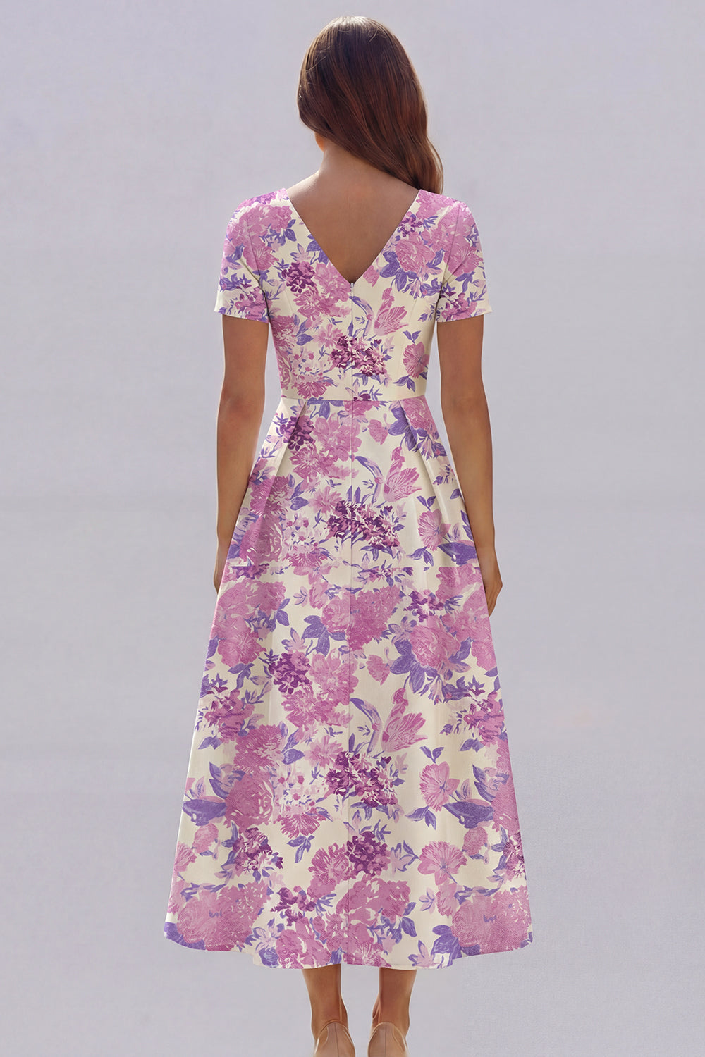 Blue and White Floral V-Neck A Line Long Prom Dress with Sleeves