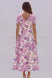 Blue and White Floral V-Neck A Line Long Prom Dress with Sleeves