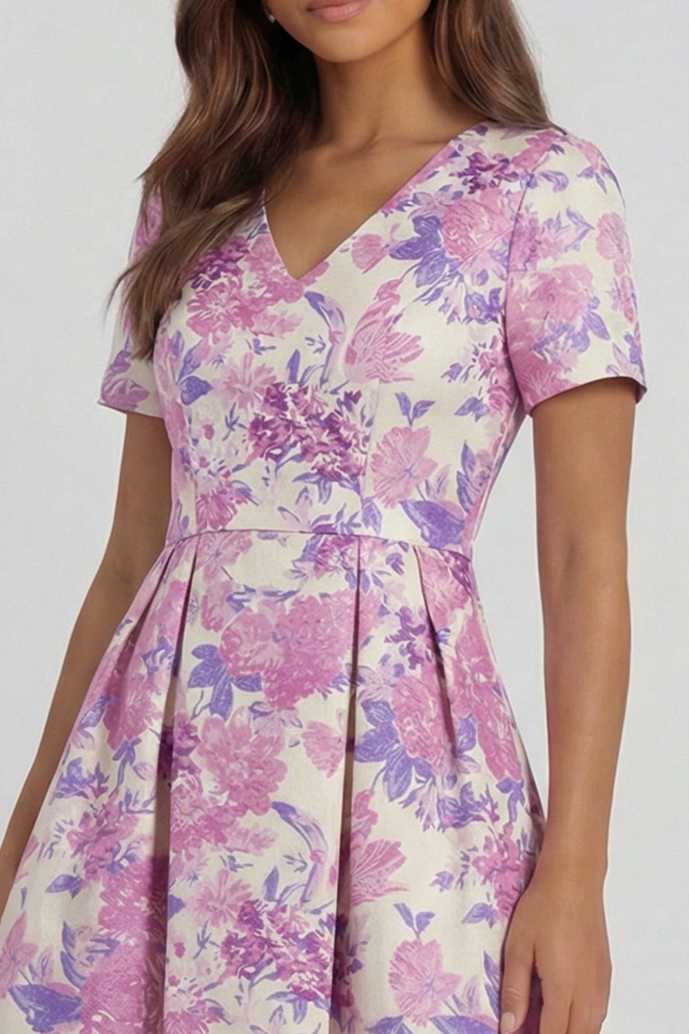 Blue and White Floral V-Neck A Line Long Prom Dress with Sleeves