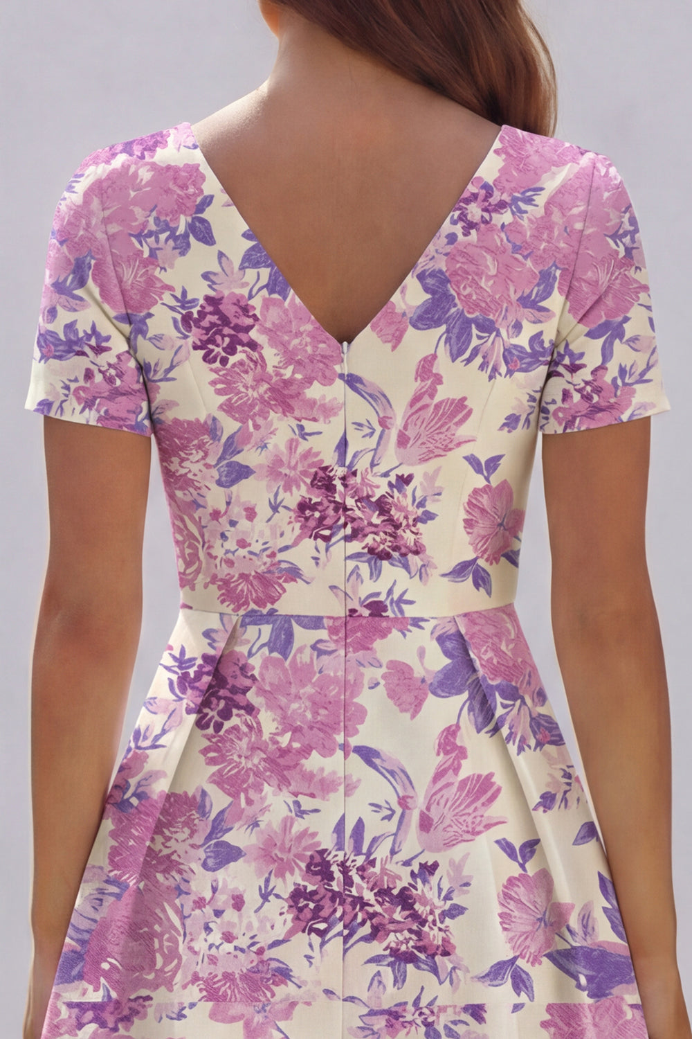 Blue and White Floral V-Neck A Line Long Prom Dress with Sleeves