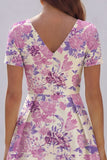 Blue and White Floral V-Neck A Line Long Prom Dress with Sleeves