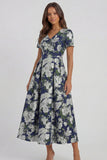Blue and White Floral V-Neck A Line Long Prom Dress with Sleeves