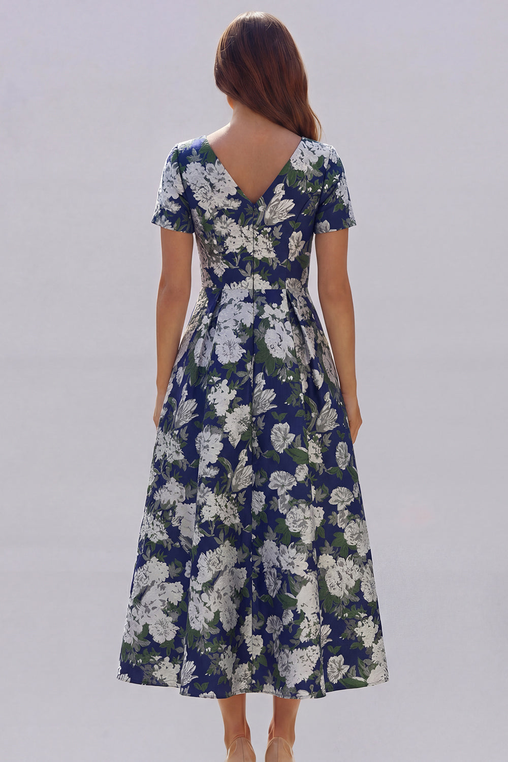 Blue and White Floral V-Neck A Line Long Prom Dress with Sleeves