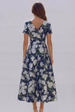 Blue and White Floral V-Neck A Line Long Prom Dress with Sleeves