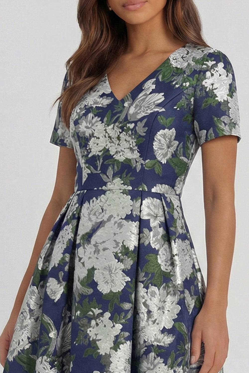 Blue and White Floral V-Neck A Line Long Prom Dress with Sleeves