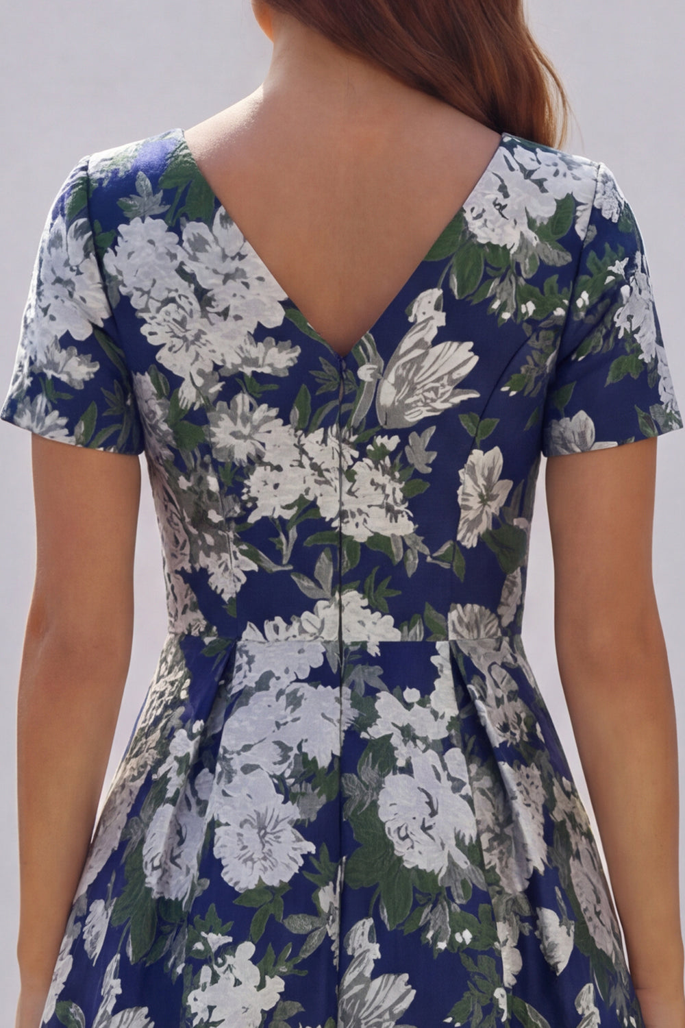 Blue and White Floral V-Neck A Line Long Prom Dress with Sleeves