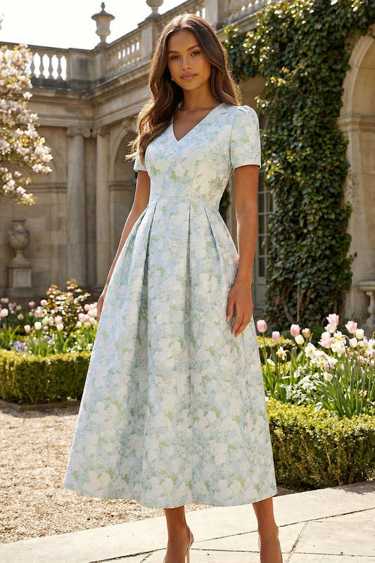 Blue and White Floral V-Neck A Line Long Prom Dress with Sleeves