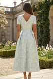 Blue and White Floral V-Neck A Line Long Prom Dress with Sleeves