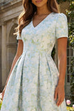 Blue and White Floral V-Neck A Line Long Prom Dress with Sleeves
