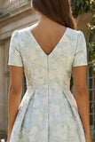 Blue and White Floral V-Neck A Line Long Prom Dress with Sleeves