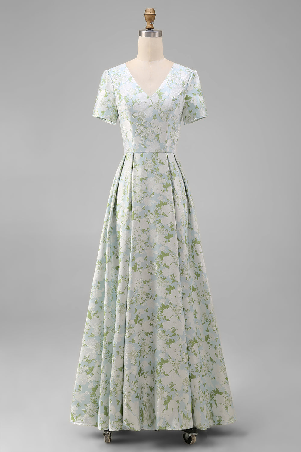 Blue and White Floral V-Neck A Line Long Prom Dress with Sleeves