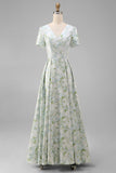Blue and White Floral V-Neck A Line Long Prom Dress with Sleeves