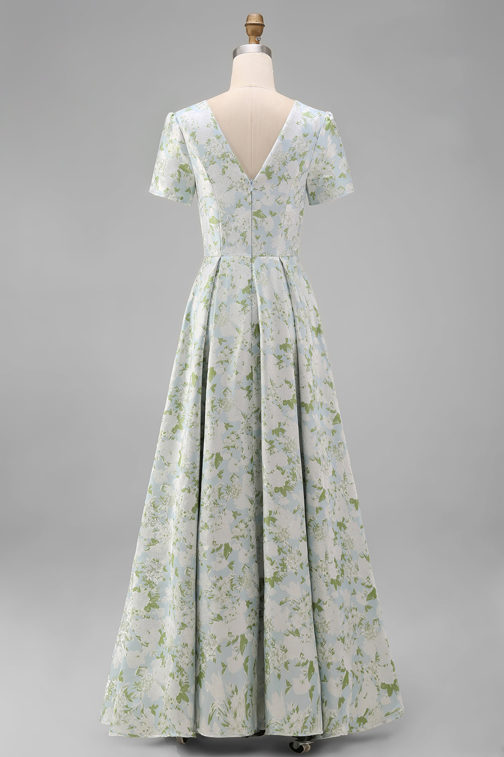 Blue and White Floral V-Neck A Line Long Prom Dress with Sleeves