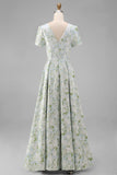 Blue and White Floral V-Neck A Line Long Prom Dress with Sleeves