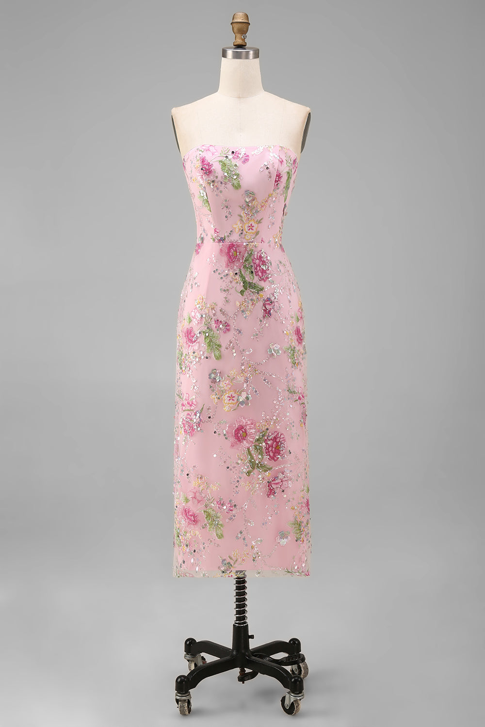 Sparkly Pink Floral Strapless Mermaid Ankle Length Prom Dress