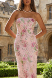 Sparkly Pink Floral Strapless Mermaid Ankle Length Prom Dress