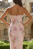Sparkly Pink Floral Strapless Mermaid Ankle Length Prom Dress
