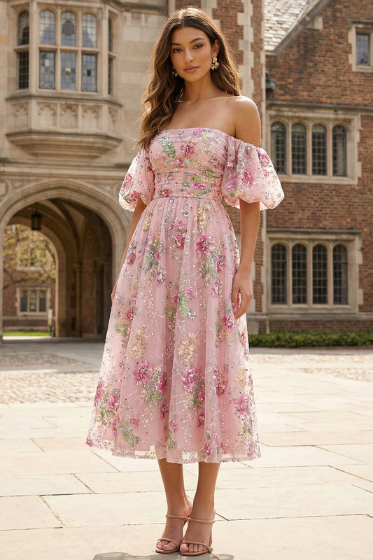 Sparkly Pink Floral Off the Shoulder A Line Midi Prom Dress