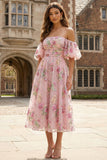 Sparkly Pink Floral Off the Shoulder A Line Midi Prom Dress