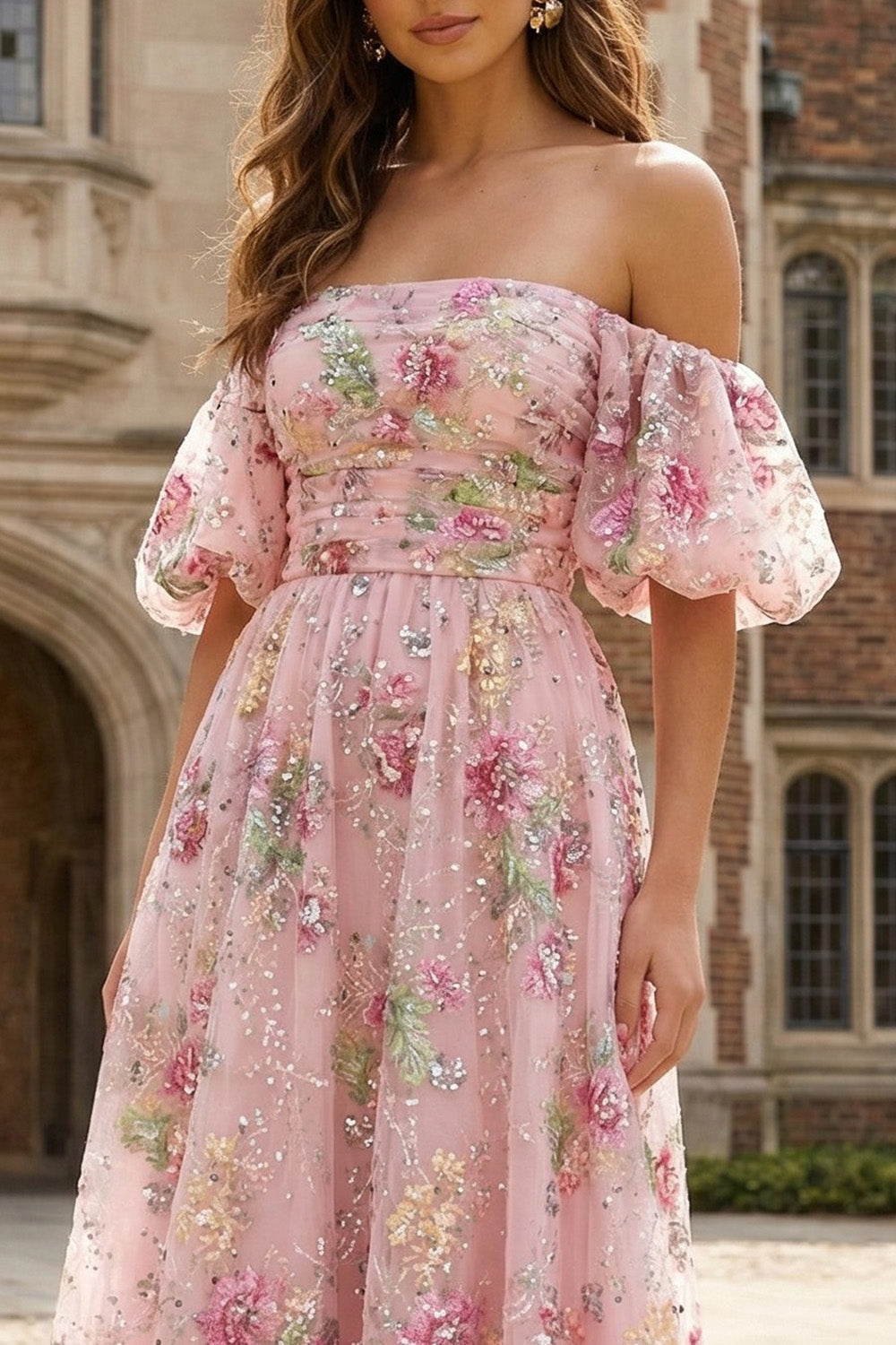 Sparkly Pink Floral Off the Shoulder A Line Midi Prom Dress