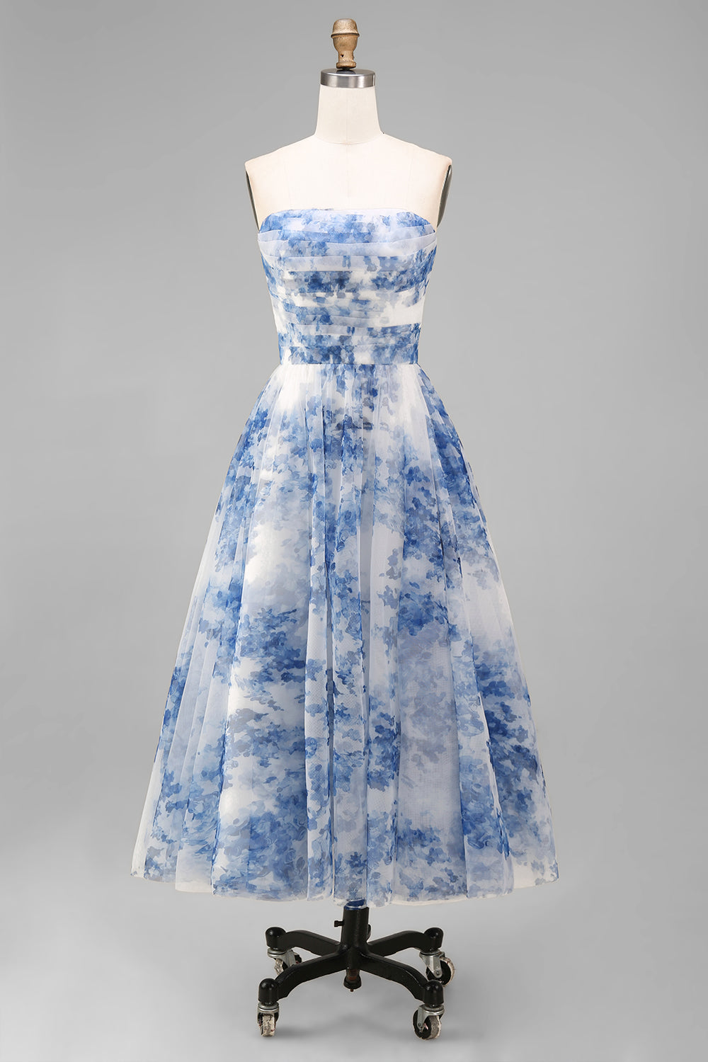 White and Blue Floral Strapless A Line Midi Prom Dress
