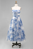 White and Blue Floral Strapless A Line Midi Prom Dress