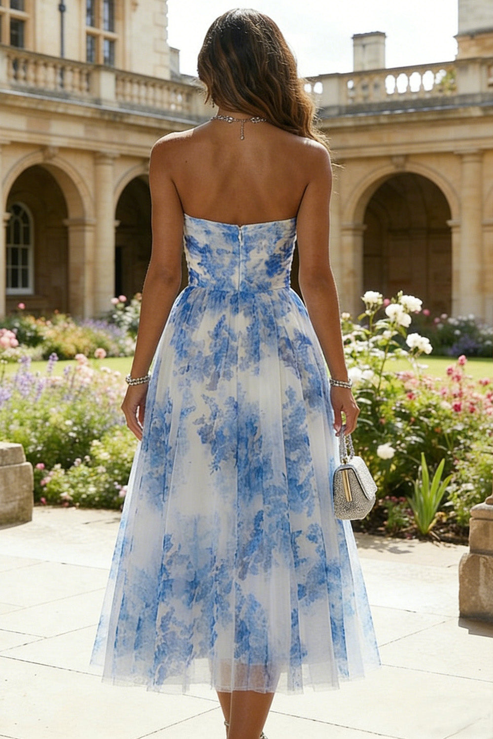 Zapakasa Women White and Blue Floral Midi Prom Dress Strapless A Line