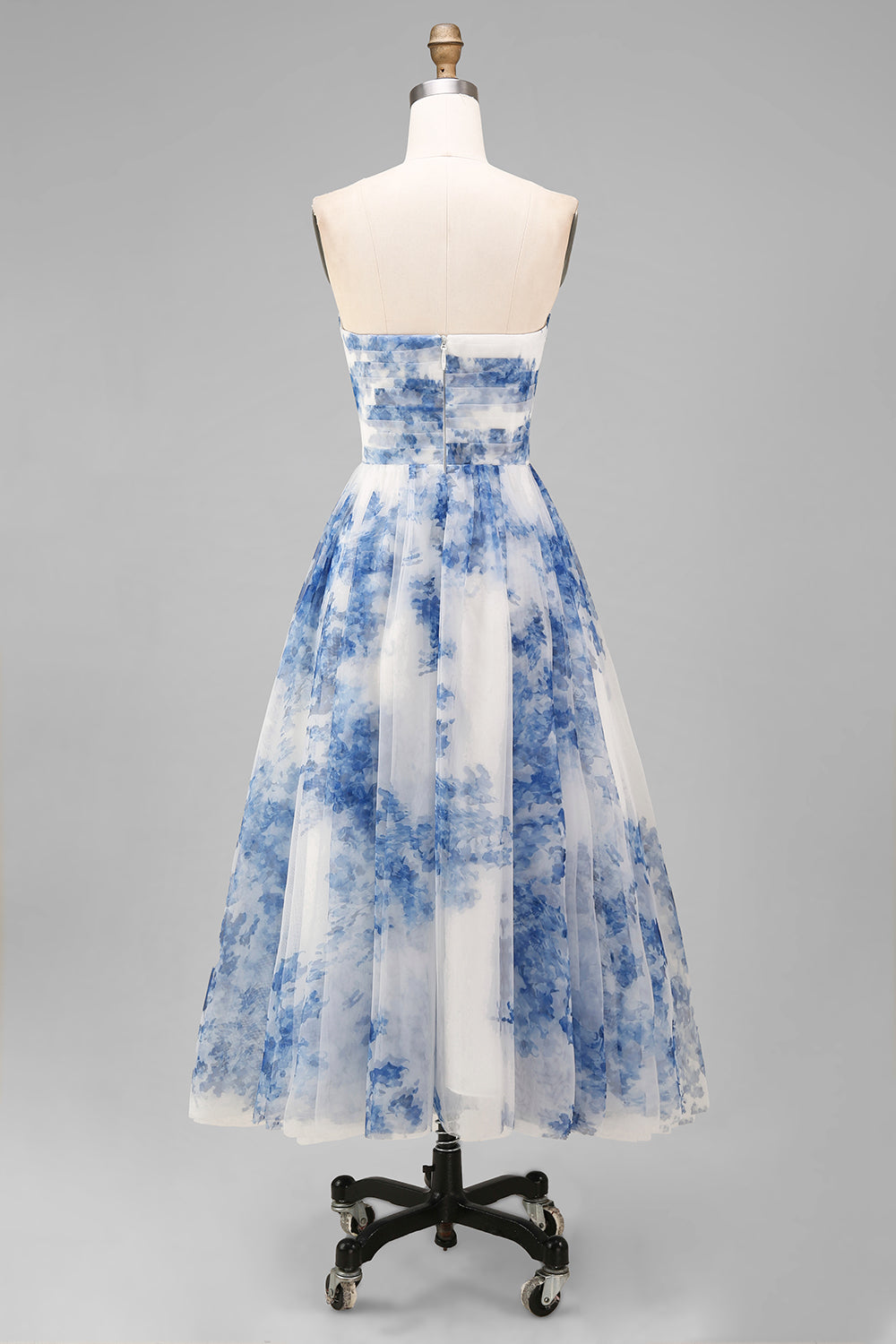 White and Blue Floral Strapless A Line Midi Prom Dress