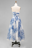 White and Blue Floral Strapless A Line Midi Prom Dress