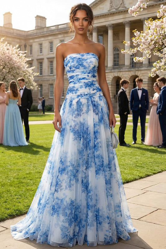 Floral White and Blue A Line Strapless Long Prom Dress