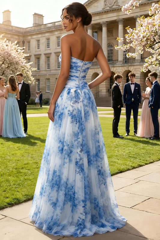 Floral White and Blue A Line Strapless Long Prom Dress