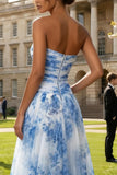 Floral White and Blue A Line Strapless Long Prom Dress