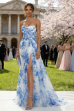 Floral White and Blue Sweetheart Sheath Long Prom Dress with Slit