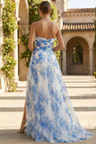 Floral White and Blue Sweetheart Sheath Long Prom Dress with Slit