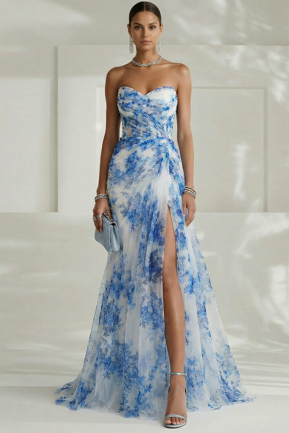 Zapakasa Women Floral White and Blue Long Prom Dress with Slit Sweetheart Sheath Ruched Wedding Guest Dress Zapakasa Women Floral White and Blue Long Prom Dress with Slit Sweetheart Sheath Ruched Wedding Guest Dress