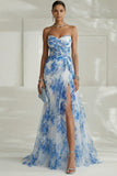 Floral White and Blue Sweetheart Sheath Long Prom Dress with Slit