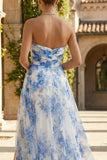 Floral White and Blue Sweetheart Sheath Long Prom Dress with Slit