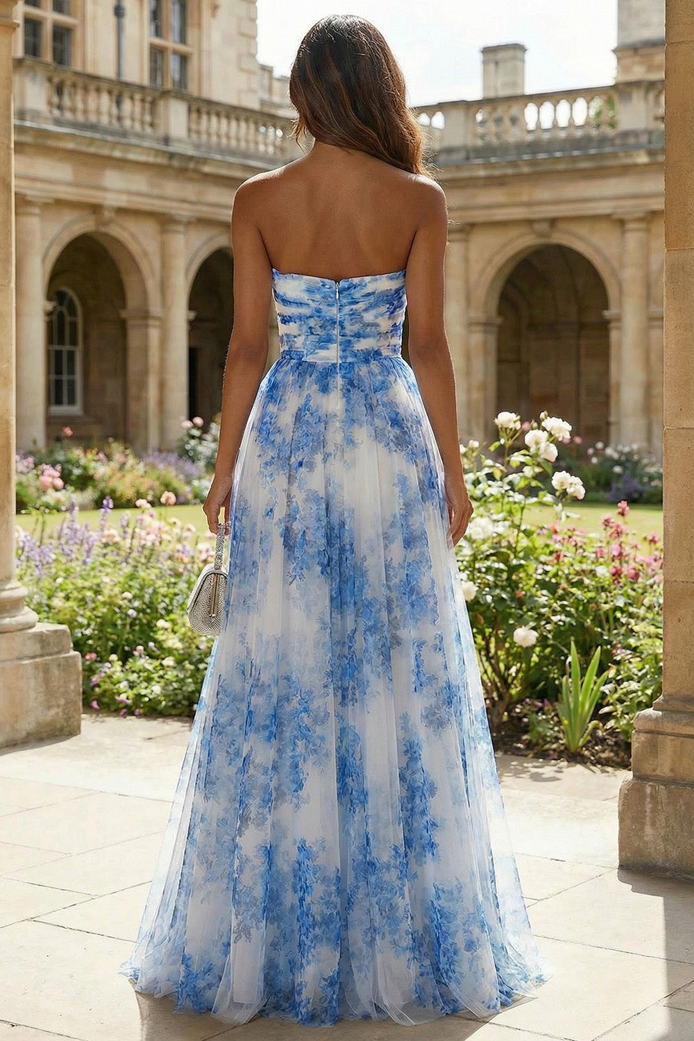 White and Blue Floral A Line Sweetheart Long Prom Dress