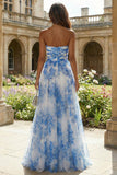 White and Blue Floral A Line Sweetheart Long Prom Dress