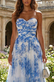 White and Blue Floral A Line Sweetheart Long Prom Dress